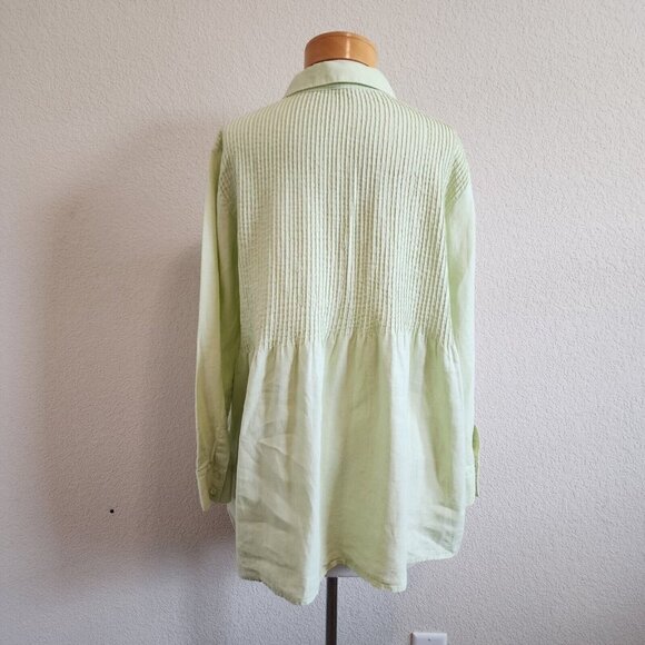 Kate Hill 100% Linen Green Pintuck Pleated Button Down Collared Tunic Top PM - Picture 5 of 9